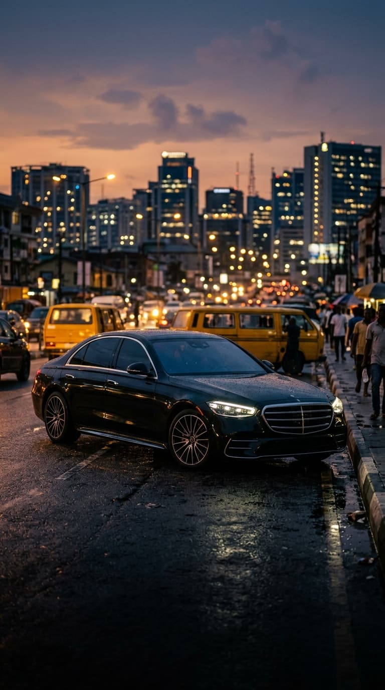 A black Mercedes S-Class on a Lagos street at dusk